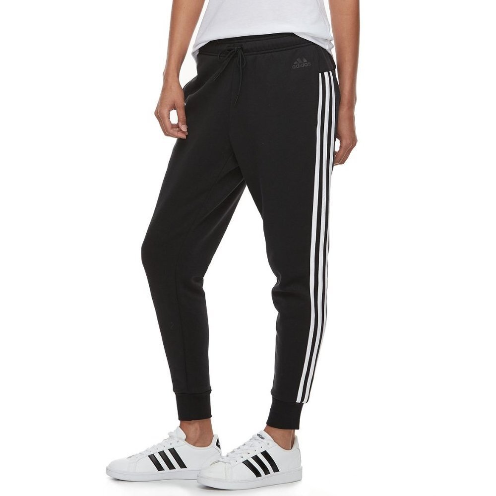 NWT Adidas CO FL 3S High Rise Elastic Waist Tie Band Tapered Jogger in Black